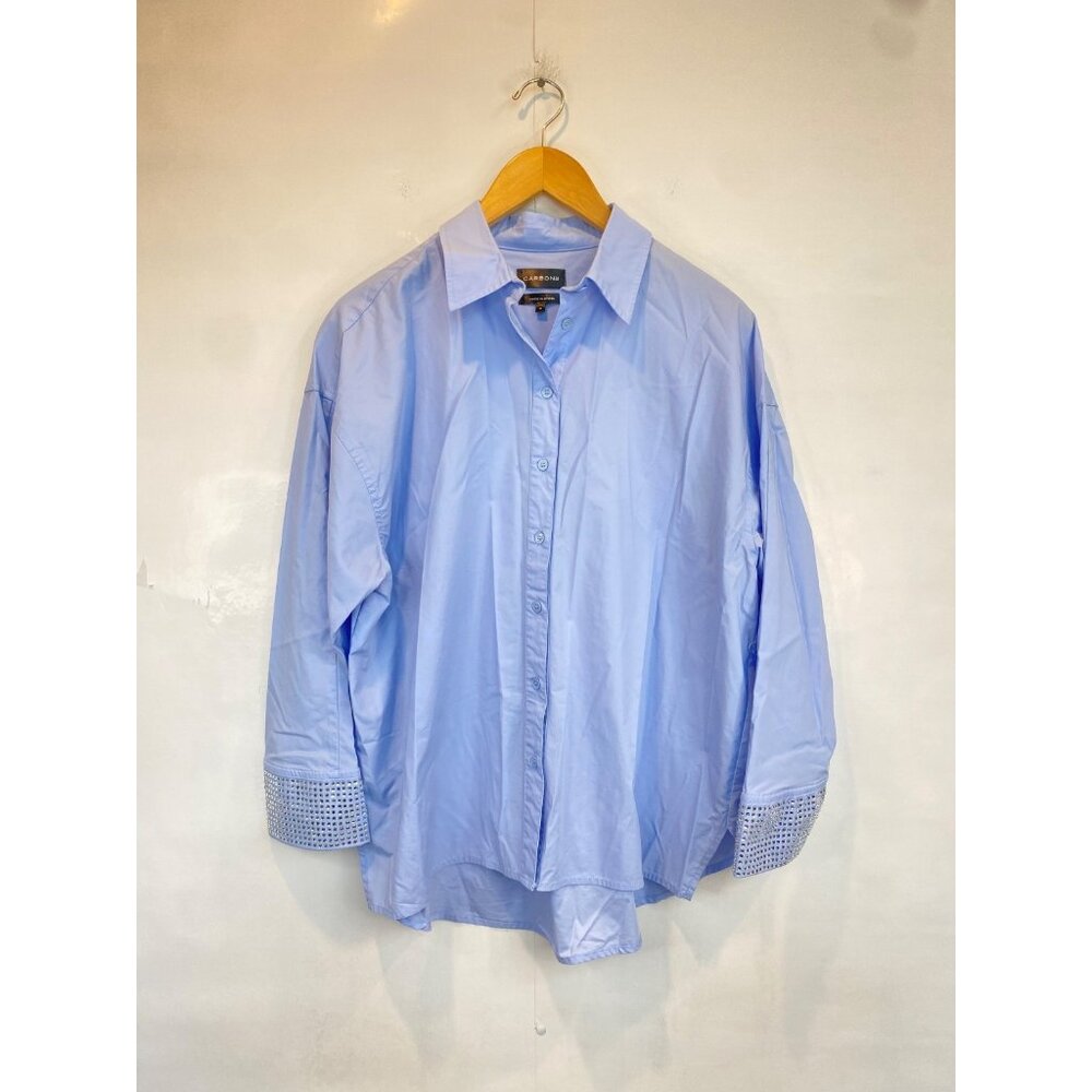 Carbon38 Women's Rhinestone Oversized Button Up Shirt Size Small Light Blue - Picture 3 of 9